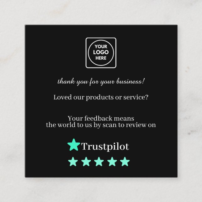 Svart QR-recensionskort för betrodd feedback Fyrkantigt Visitkort (Framsida)
