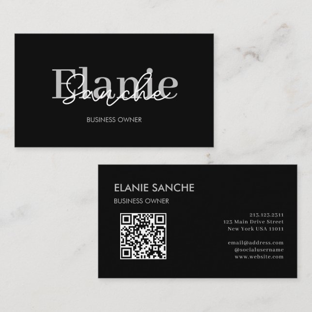 Svart QR-Trendig Elegant Modern Visitkort (Fram/baksida)