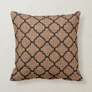 Svart Quatrefoil & för Faux lantlig Burlap - Kudde
