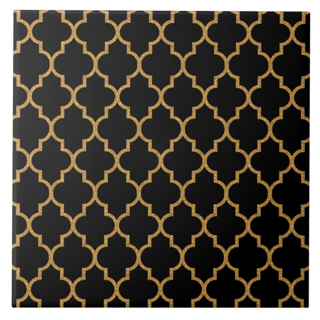 Svart Quatrefoil för guld mönster Kakelplatta (Framsidan)