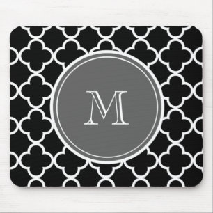 Svart Quatrefoil mönster, grå Monogram Musmatta