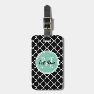 Svart Quatrefoil mönster, grön Monogram för Mint Bagagebricka