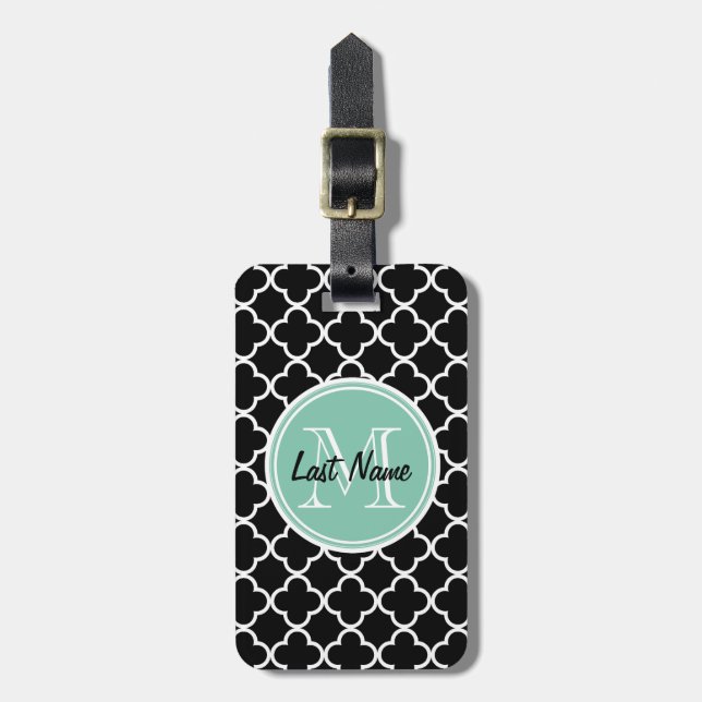 Svart Quatrefoil mönster, grön Monogram för Mint Bagagebricka (Vertikal Framsida)