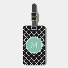 Svart Quatrefoil mönster, grön Monogram för Mint Bagagebricka