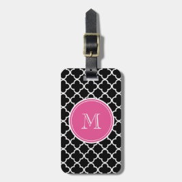 Svart Quatrefoil mönster, shock rosaMonogram Bagagebricka