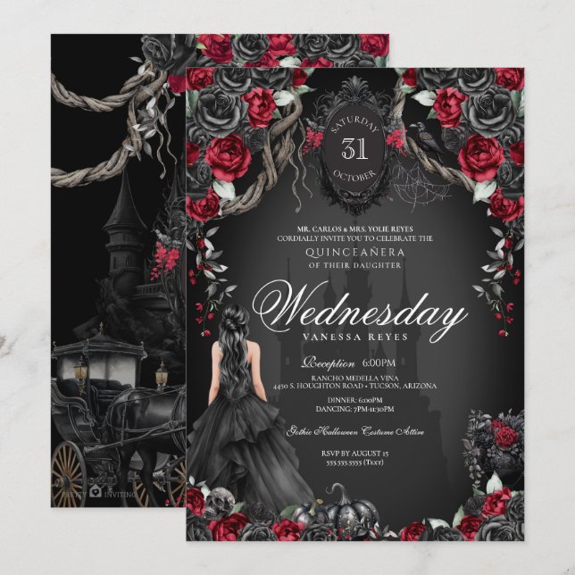 Svart Quinceanera Black Ro Red Halloween Inbjudningar (Fram/baksida)