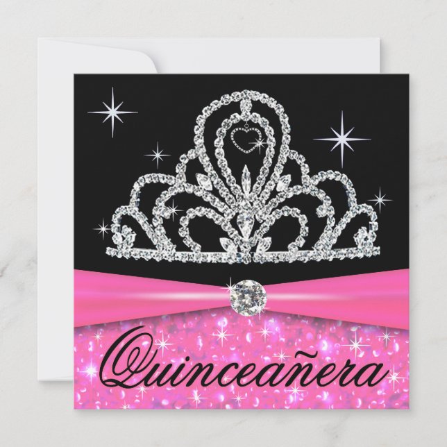 Svart Quinceanera för rosor Princess Tiara Bling Inbjudningar (Framsida)