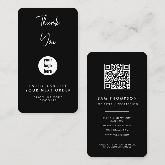 Svart rabattkort för tack Business Logotyp Visitkort (Fram/baksida)