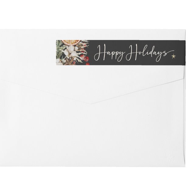 Svart radbyte runt etikett för Helgdag (Black Boho Botanical Happy Holidays Wrap Around Label
)