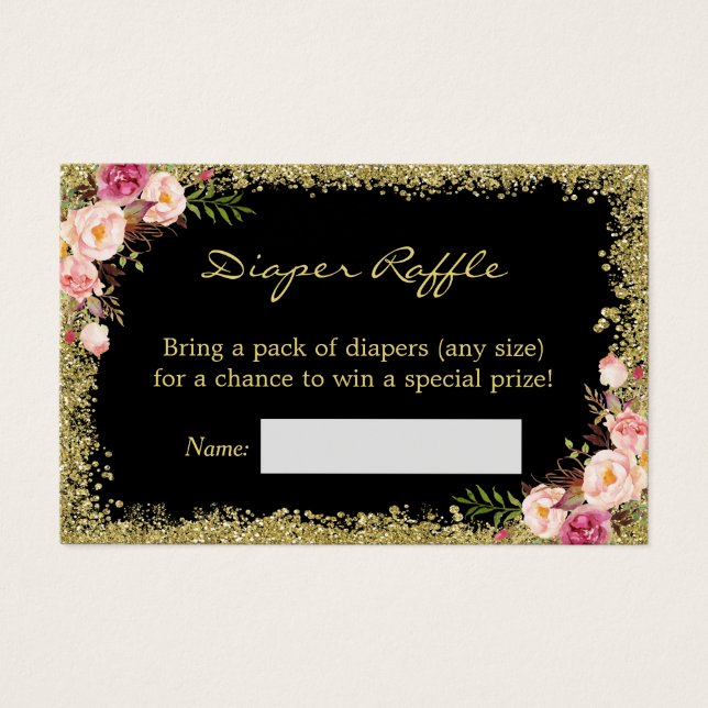Svart Raffle Card-Rosa i Guld Glitter, Blommigt Visitkort (Framsida)