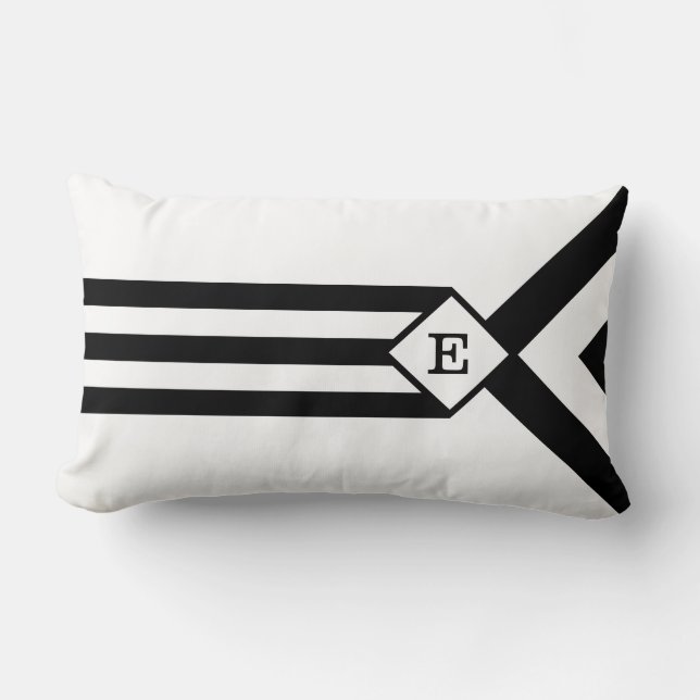 Svart Rand och Chevrons med Monogram på White Lumbarkudde (Framsida)