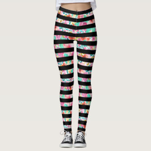 Svart Rand över färgat Blommönster Leggings