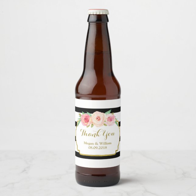 Svart Rand Rosa Blommigt Guld Beer Label Ölflaska Etikett (Framsida)