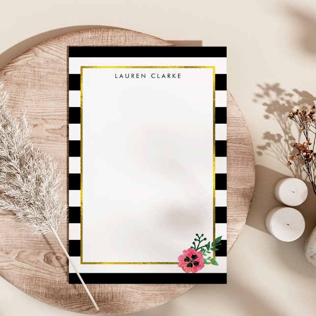 Svart Rand & Rosa Blommigt Personlig Stationery Brevpapper (Skapare uppladdad)