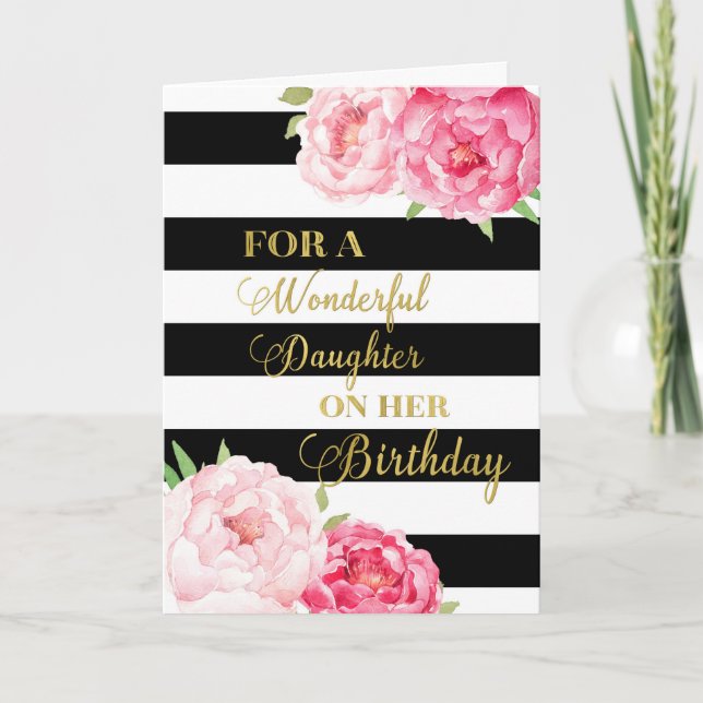 Svart Rand Rosa Flowers Dotter Birdday Card Kort (Framsida)