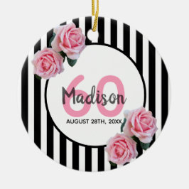 Svart rand rosa ros namn julgransprydnad keramik