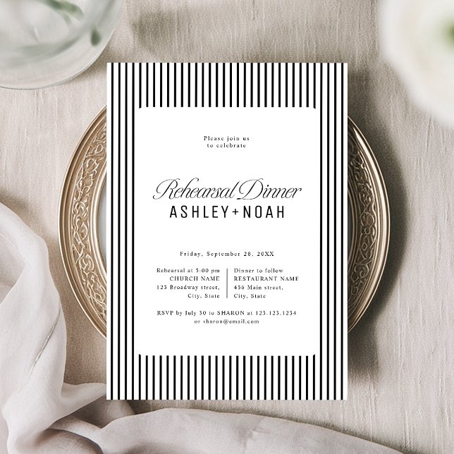 Svart randig elegans Klassisk Generalrepetitionsmi Inbjudningar (Black Striped Elegance Classy Rehearsal Dinner Invitation)