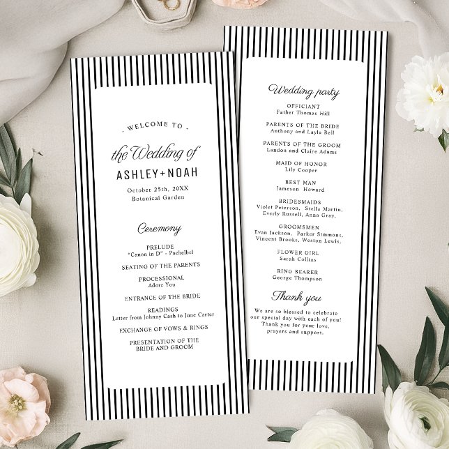 Svart randig elegans Klassiskt bröllopsprogram Meny (Black Striped Elegance Classy Wedding Program)