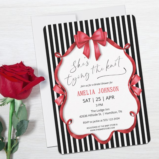 Svart randig röd slinga vintage bröllopsfest inbjudningar (Black Striped Red Bow Vintage Bridal Shower Invitation)