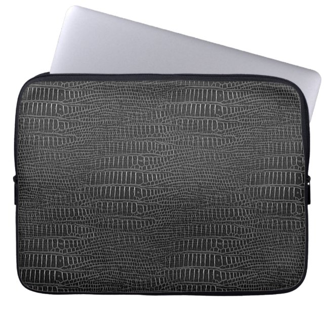 Svart, realistisk Alligator-hud Laptop Sleeve (Framsidan)