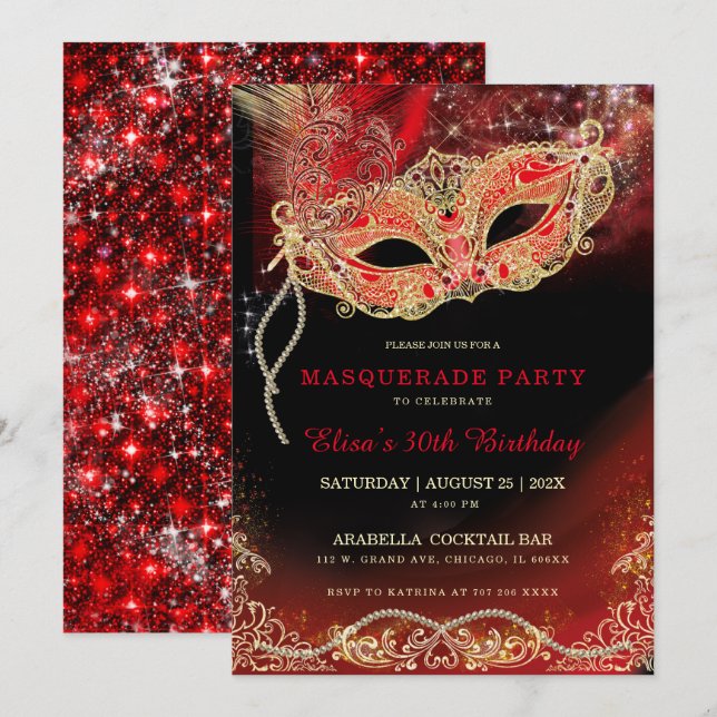 Svart Red Guld Masquerainbjudan Inbjudningar (Fram/baksida)