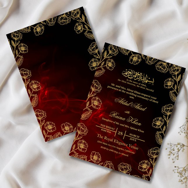 Svart Red och Guld Blommigt Islamiska muslimska Br Inbjudningar (Skapare uppladdad)