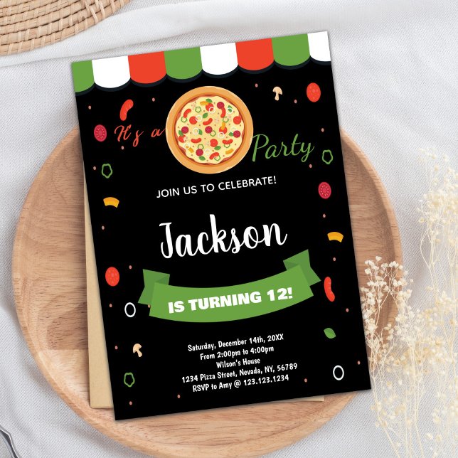 Svart Red Pizza Birthday-inbjudan Inbjudningar (Black Red Pizza Birthday Invitations)