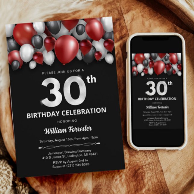 Svart Red Silver & White 30års födelsedag-inbjudan Inbjudningar (Black Red Silver & White 30th Birthday Invitation)