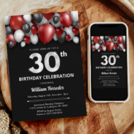 Svart Red Silver & White 30års födelsedag-inbjudan Inbjudningar