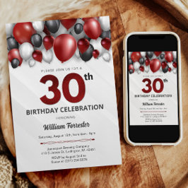 Svart Red Silver & White 30års födelsedag-inbjudan Inbjudningar