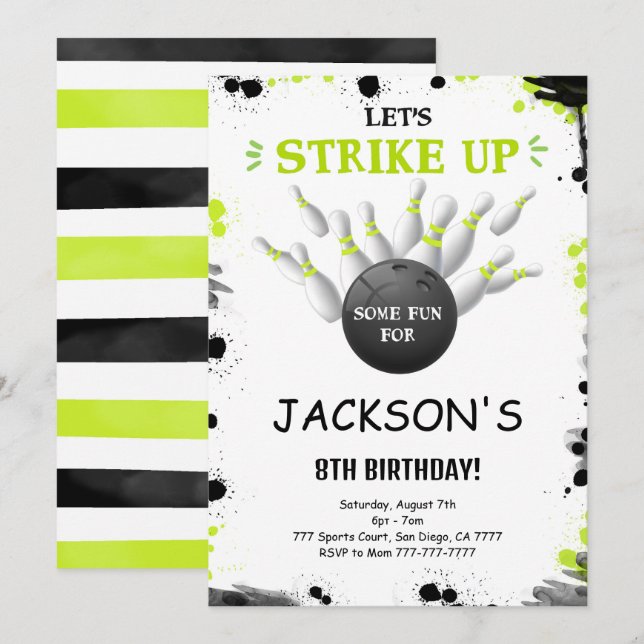 Svart redigerbar bowlinginbjudan inbjudningar (Fram/baksida)