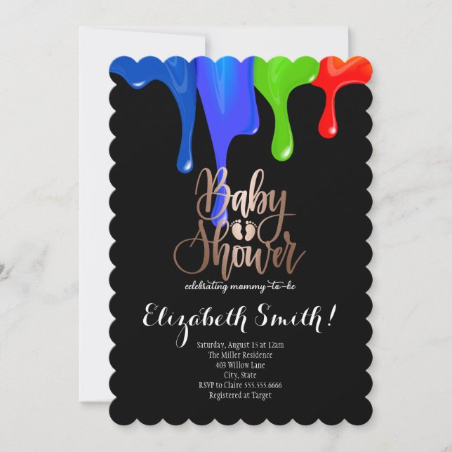 Svart, regnbåge, färgad stjärnor, babybordsinbjuda inbjudningar (Framsida)