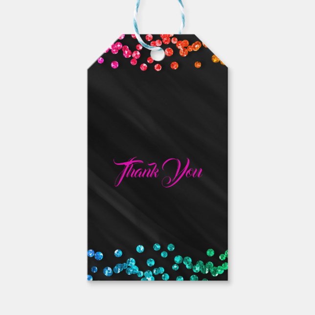 Svart Regnbåge Glitter Konfetti Prickar Rollig Fes Presentetikett (Framsidan)