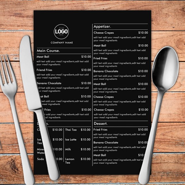 Svart restaurang, Bord-meny, platta meny (Skapare uppladdad)
