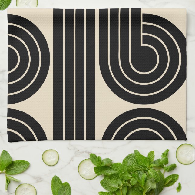 Svart Retro-Abstrakt Linjer Kökshandduk (Vikta)