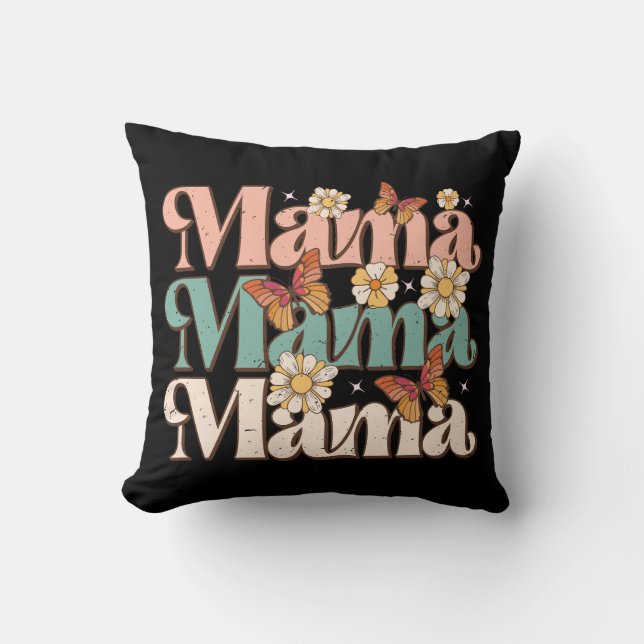 Svart Retro Blommig Fjäril Mama Typografi Kudde (Framsida)