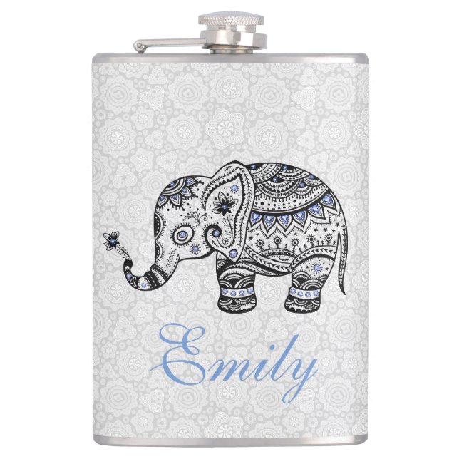 Svart Retro Flowers & Elephant Blue Diamonds Fickplunta (Framsidan)