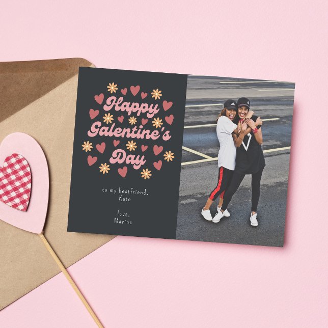 Svart Retro Glad Galentine's Day Bästa vän Foto Vykort (Skapare uppladdad)