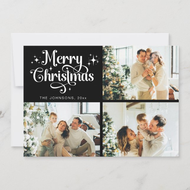 Svart Retro God jul Family Photo Collage Julkort (Framsida)