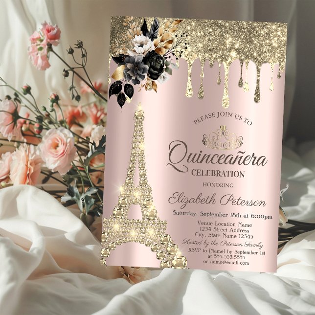 Svart Ro Eiffel Torn Guld Drivrutiner Inbjudningar (Skapare uppladdad)