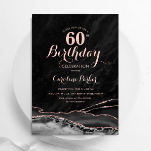 Svart Ro Guld Agate Marble 60 Birthday Inbjudningar