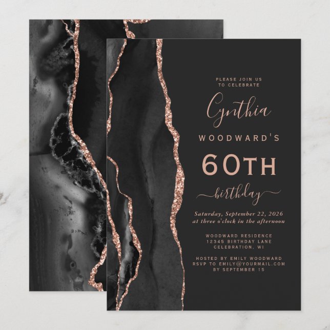 Svart Ro Guld-agate-Mörk 60:e Födelsedagsfesten Inbjudningar (Fram/baksida)