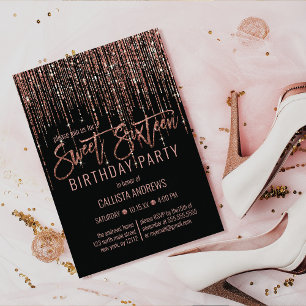 Svart Ro Guld Glitter Fringe Curtain Sweet 16 Inbjudningar