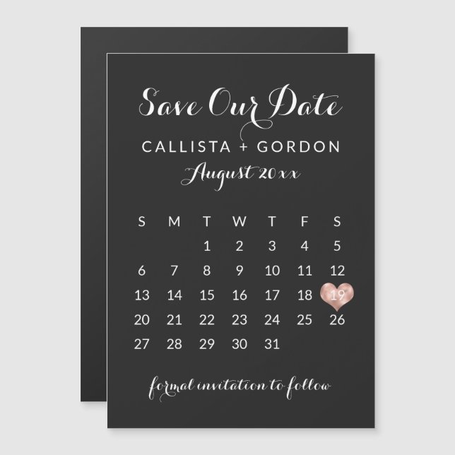 Svart Ro Guld Heart Calendar Spara datum Magnetisk Inbjudningskort (Fram/baksida)