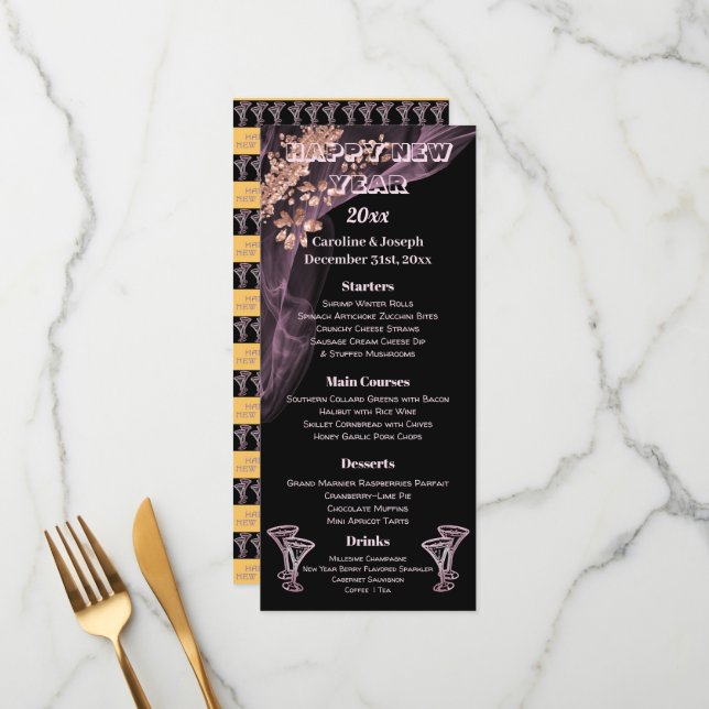 Svart Ro Guld, nyårsnämnd och champagneglas Meny (Fram/Back In Situ)