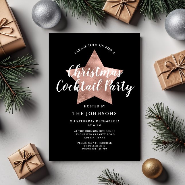Svart Ro Guld-stjärnans Party Inbjudningar (Black Rose Gold Star Christmas Cocktail Party Invitation)