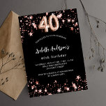 Svart ro guld-stjärnor på 40 år inbjudan vykort<br><div class="desc">En klassisk svart bakgrund,  dekorerad med ro guld-stjärnor. Anpassa och lägg till information om namn och party. Numret skrivs med ett skript för ballong stil.</div>