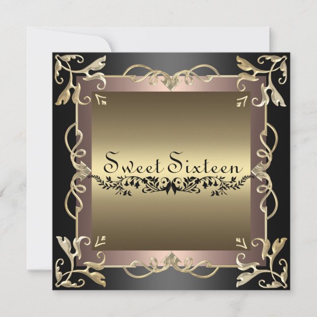 Svart & Ro Swirl Sweet 16 Birthday-inbjudan Inbjudningar (Framsida)