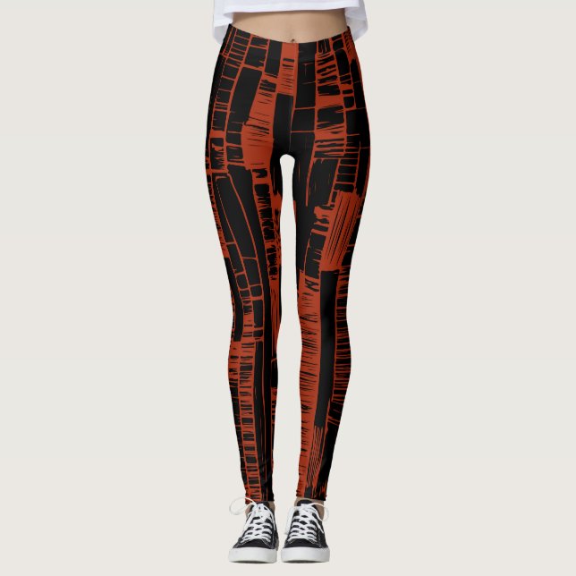 Svart &röd abstrakt mönster leggings (Framsida)