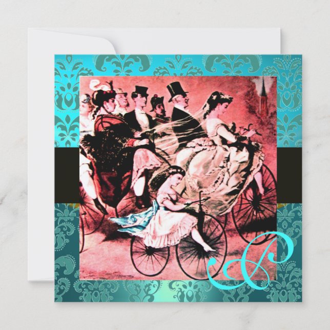 SVART RÖD BLÅ CYKEL BRÖLLLOP DAMASK MONOGRAM INBJUDNINGAR (Framsida)